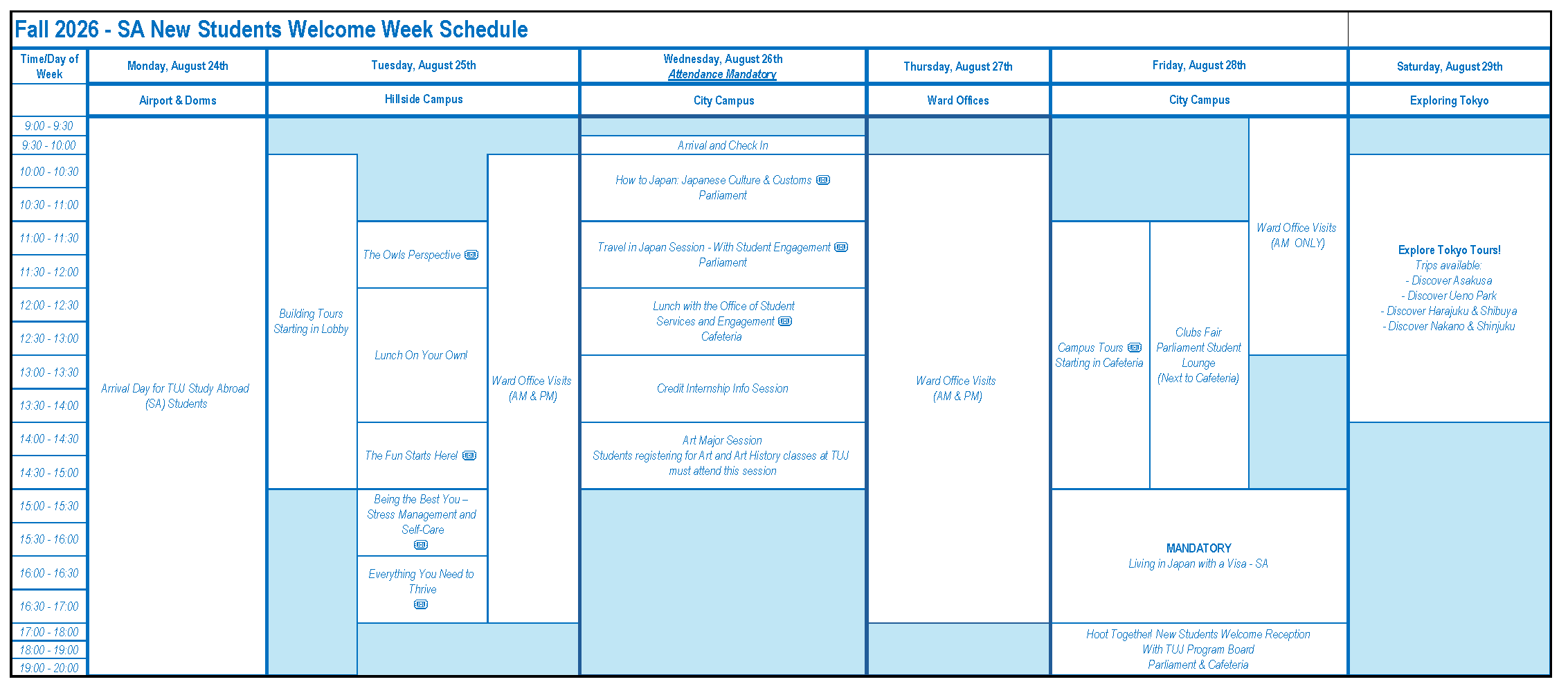 Fall 2026 Welcome Week Schedule SA