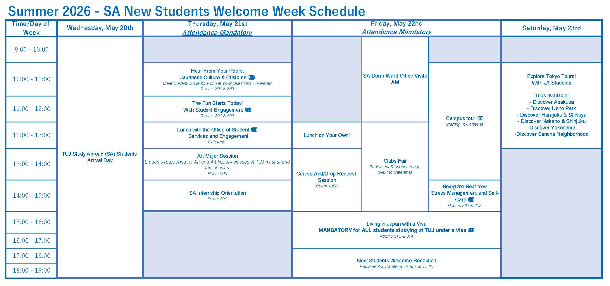 Summer 2026 Welcome Week Schedule SA